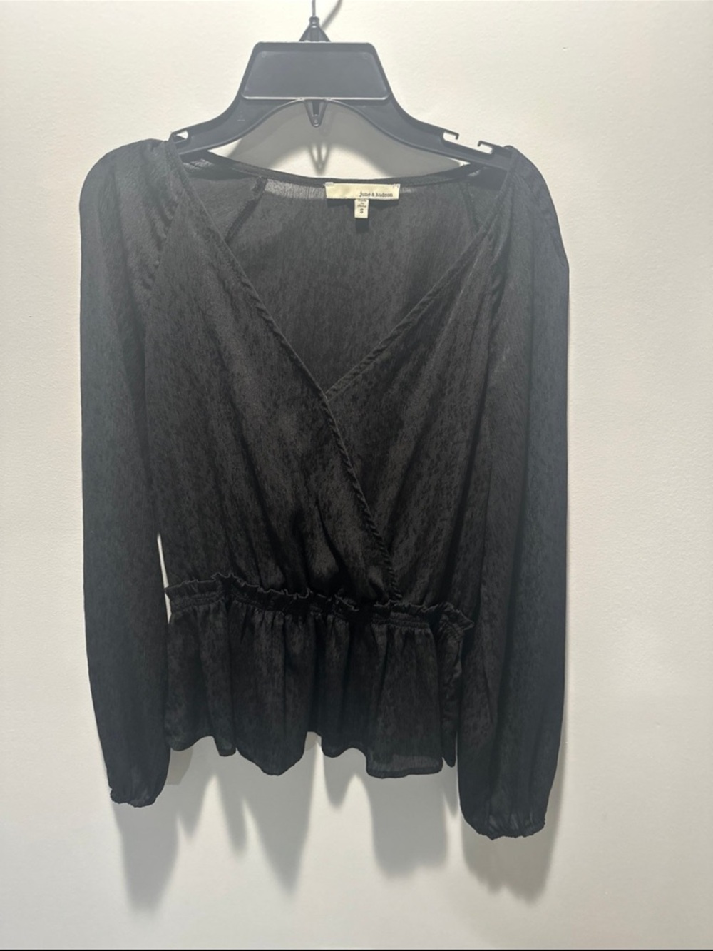 june & hudson Black Long-Sleeve Wrap Peplum Blouse